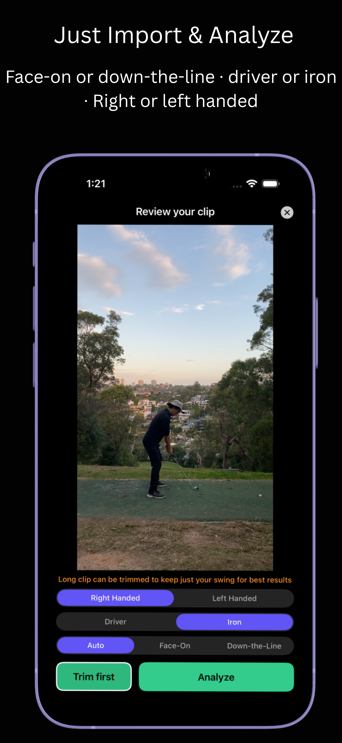 Review your clip — set handedness, club and angle