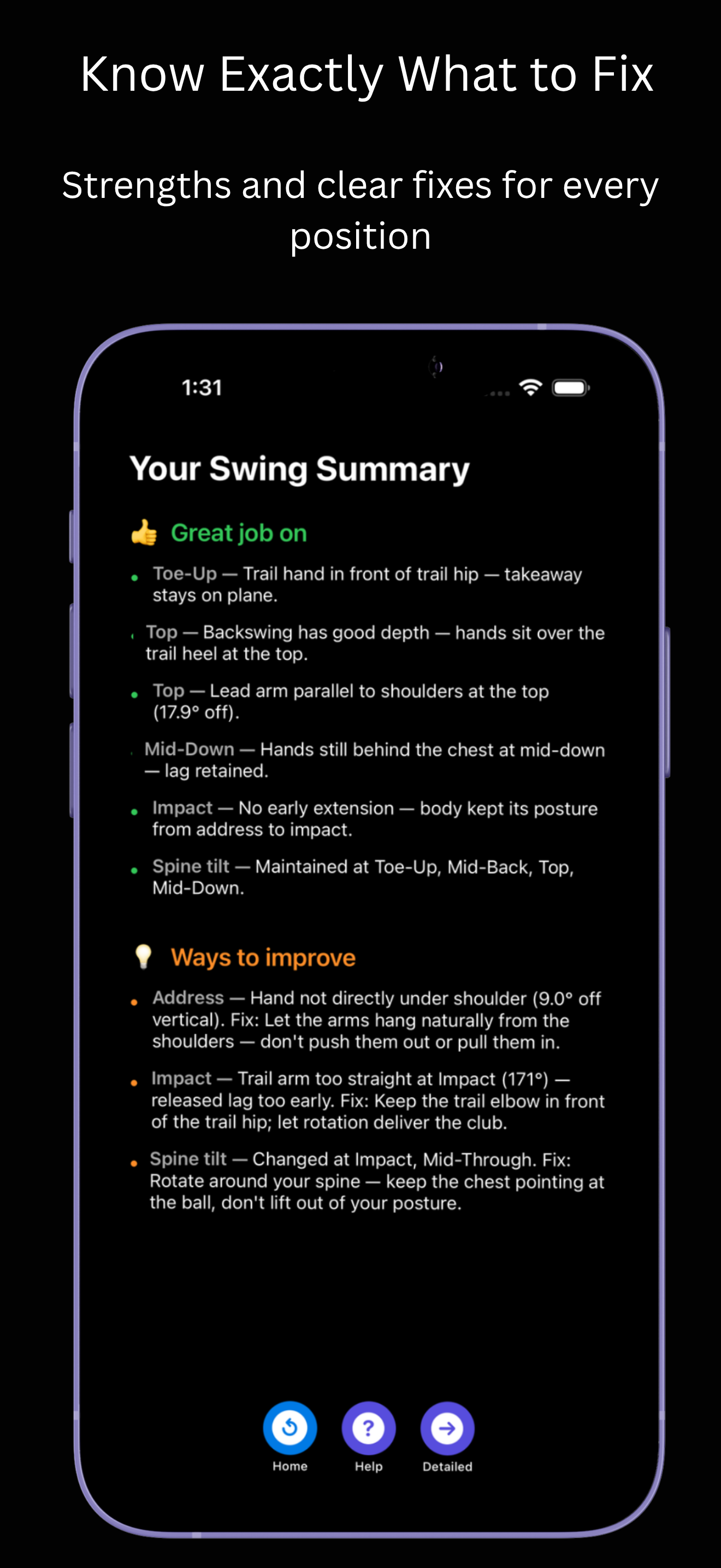 Swing summary — strengths and what to improve